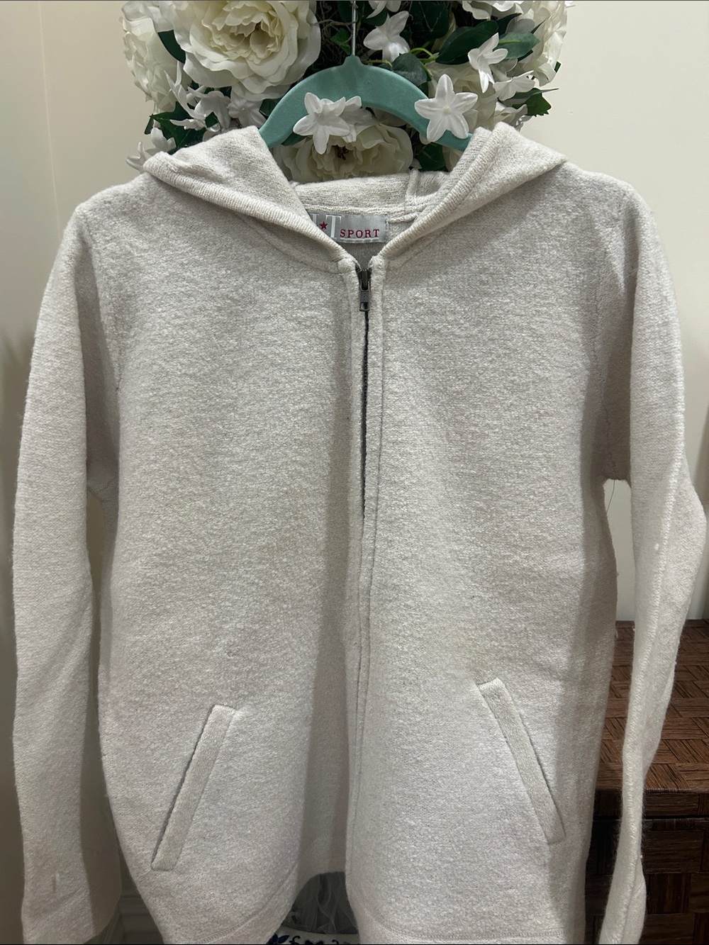 Lord & Taylor Cream Hooded Zip-Up 100% wool Sweater